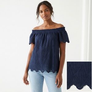 Ann Taylor Scalloped Eyelet Embroidery Navy Cotton Top - Romantic Boho - L